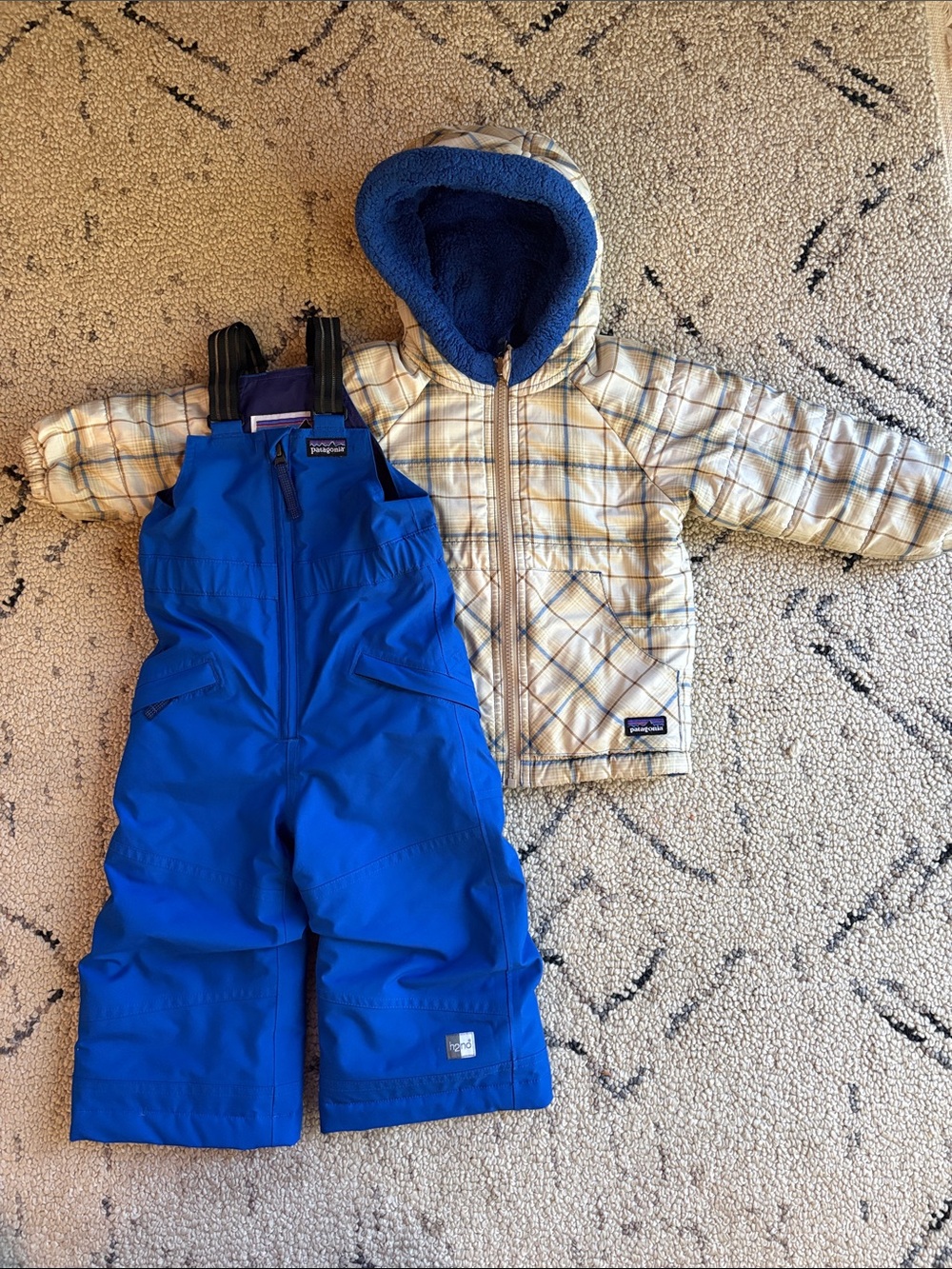Patagonia Snow Bibs with Plaid Hooded Jacket 24M / 2T